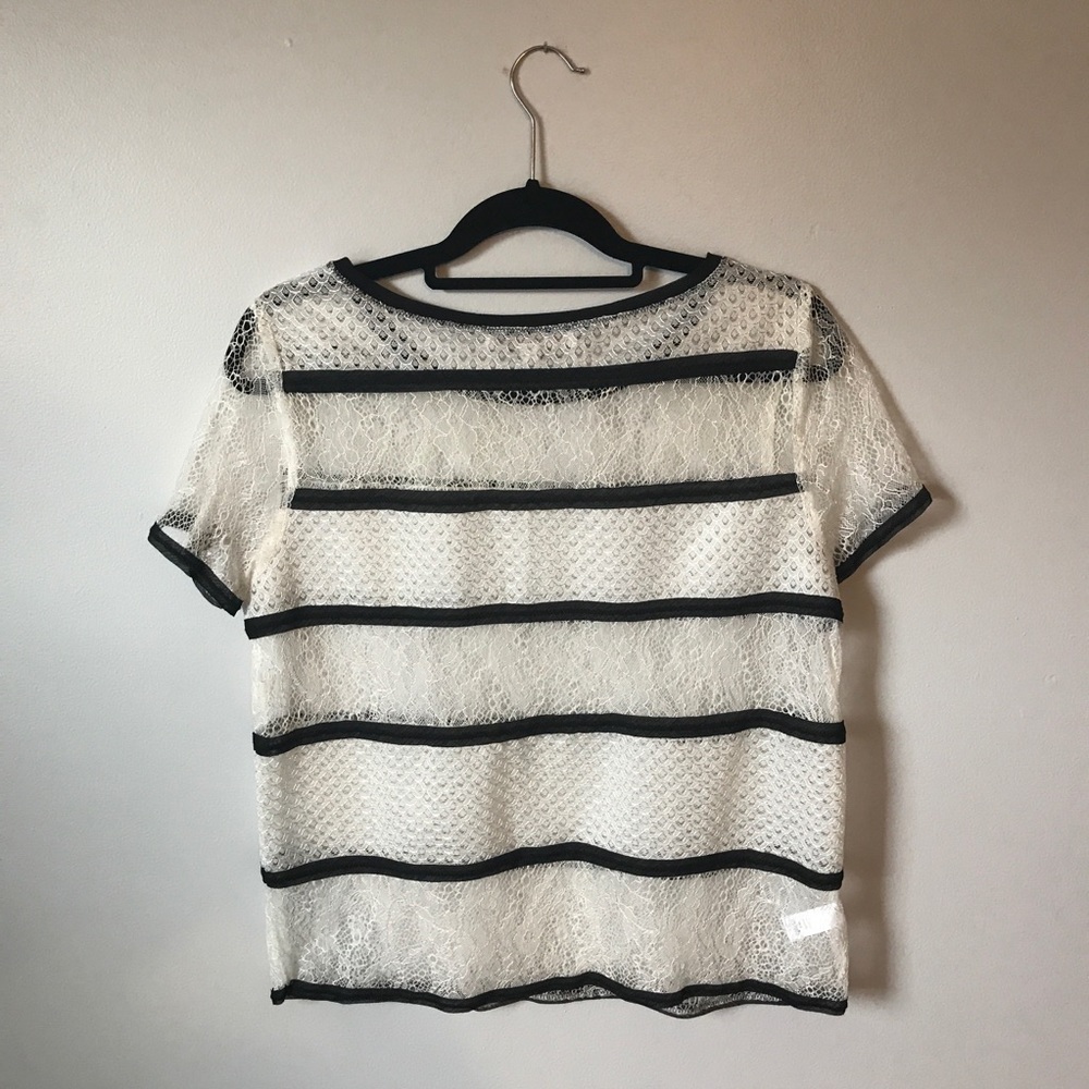 Ann Taylor | Sheer Striped Lace Black White Blouse - Picture 6 of 7